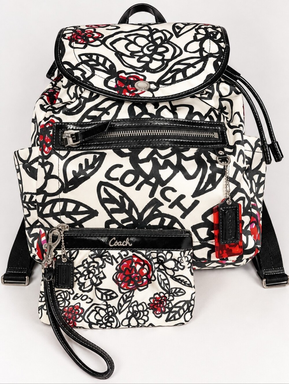 Coach Poppy Bundle Black & White Floral Canvas Backpack with Red Accents